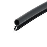 Close-up of a black cylindrical tube with a hollow center, angled across the image against a white background, showing a serrated tip end.