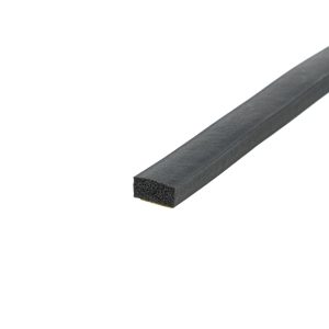 Close-up of a black foam weatherstrip or edge seal laid diagonally across a white background to illustrate its porous interior.