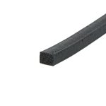 Close-up of a black porous foam beam with a square cross-section on a white background, viewed diagonally across the frame.