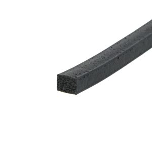 Close-up of a black porous foam beam with a square cross-section on a white background, viewed diagonally across the frame.