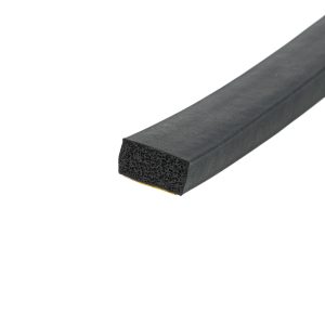 Close-up of a black foam gasket with an open-cell interior, set against a white background, photographed at an angle.