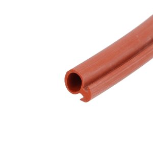 Red tubular rubber hose viewed diagonally against a white background, showing a hollow circular opening at the end