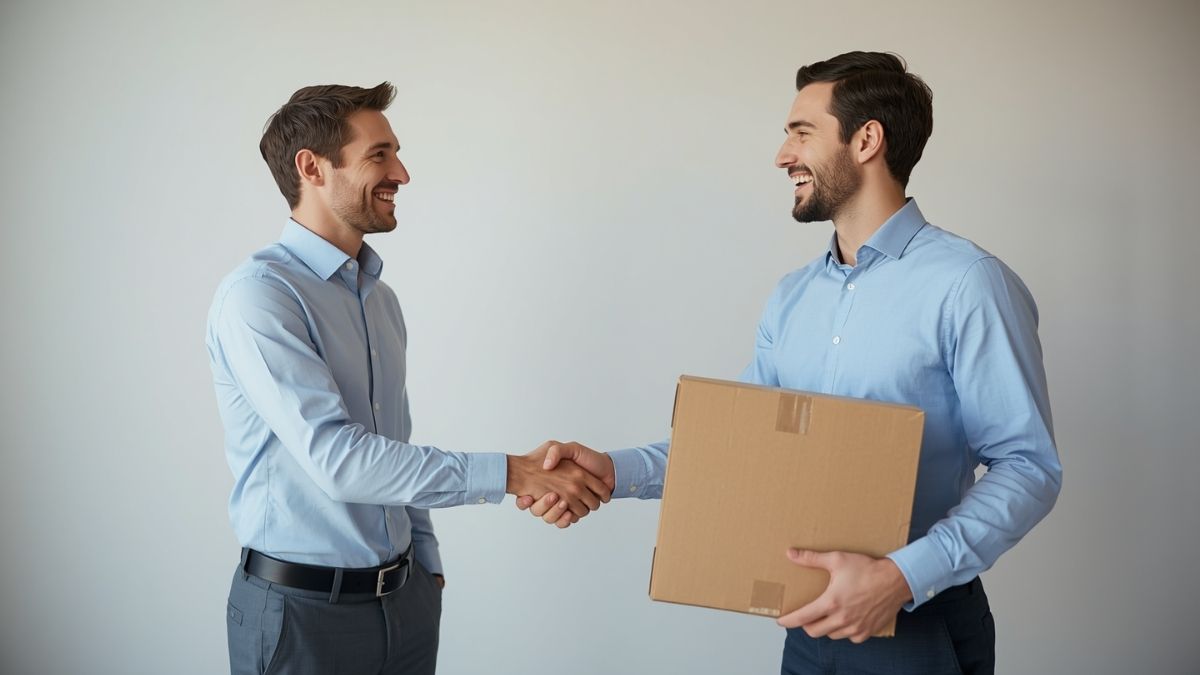 Two men in blue shirts shake hands; one holds a cardboard box between them.