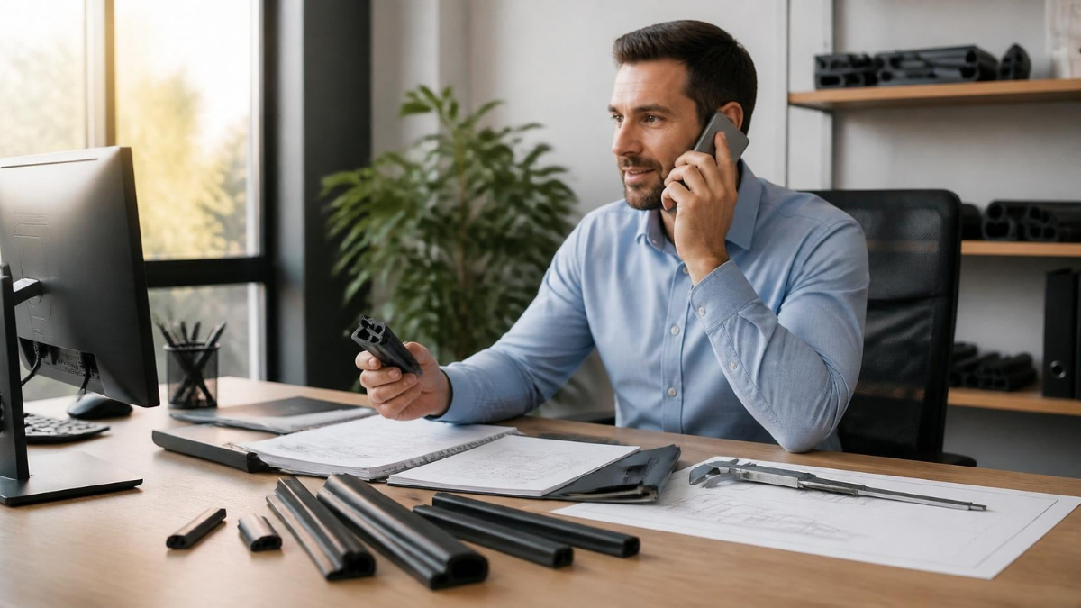 Business professional on a call at his desk, examining a piping component with blueprints and tools nearby.