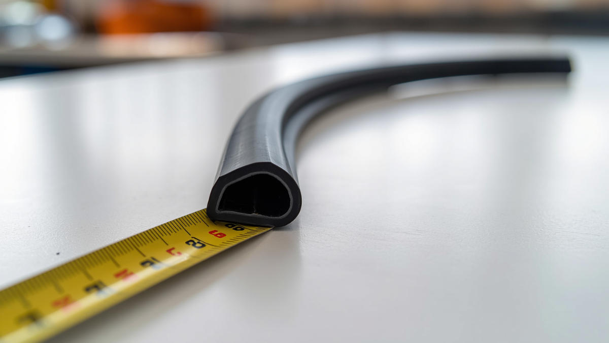 Close-up of a yellow retractable tape measure extending from a black case onto a white tabletop, ready for measurement.